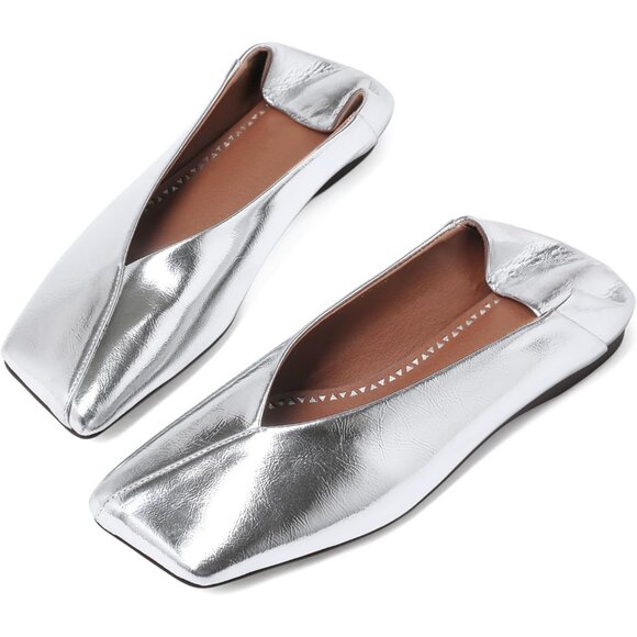 Women's Ballet Flat Square Toe Silver Patent Leather Dress Shoes Loafers Pull-On - Picture 3 of 6